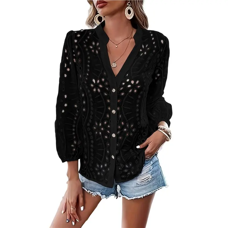 

CYL-Women's Spring Autumn Versatile Commute Fashion Lace Hollow Out Long Sleeve Blouse
