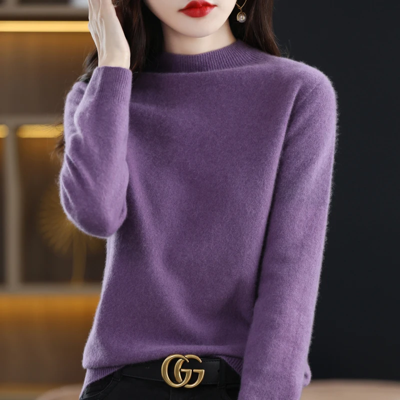 Women 100% Pure Wool Sweater Autumn Winter First Line Seamless Half-high Collar Pullover Basis Casual Cashmere Warm Knitwear