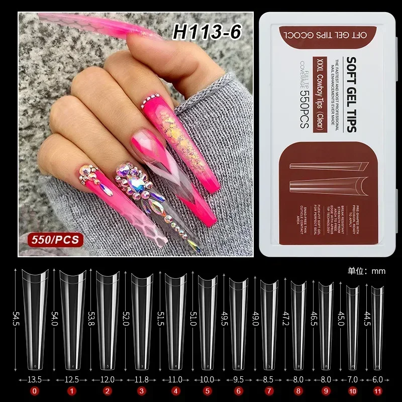 

550 шт. 5XL длинные акриловые типсы на шпильке, полупокрытие, УФ-гель, инструмент для дизайна ногтей «сделай сам», со шкалой, форма для искусственных ногтей