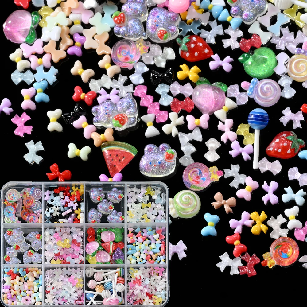 12Grid 3D Hars Boog Nagel Charmes Cartoon Konijn Lollipop Fruit Gemengde Nail Art Strass Kawaii Strik Nagel Ambachten Decoratie