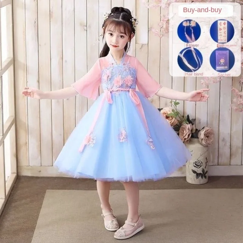 3-10-12T New Spring and Autumn Dress Hanfu Children\'s Girl Super Immortal Ancient Dress Tang Dress Summer Children\'s Performance