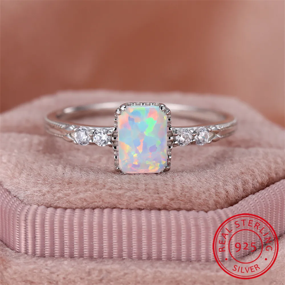 Stylish White Fire Opal Small Square Stone Ring Real 925 Sterling Silver Engagement Rings For Women Wedding Band Jewelry