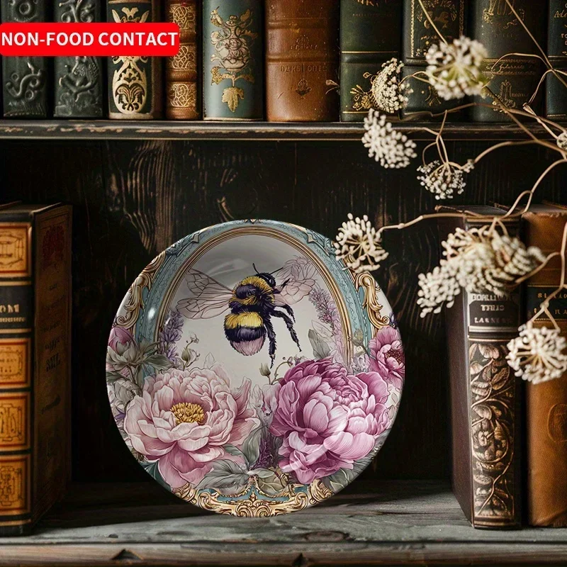 1pc Bee Floral Ceramic Decorative Plate | Hand-Painted Art Plate for Home Wall Decor, Non-Food Contact, Ideal for Living Room,