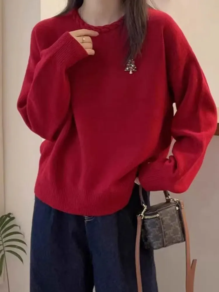 

Красный шерстяной вязаный свитер Long Sve Свободный крой Overhead Commute Sle Женский модный дизайн Зимний повседневный топ