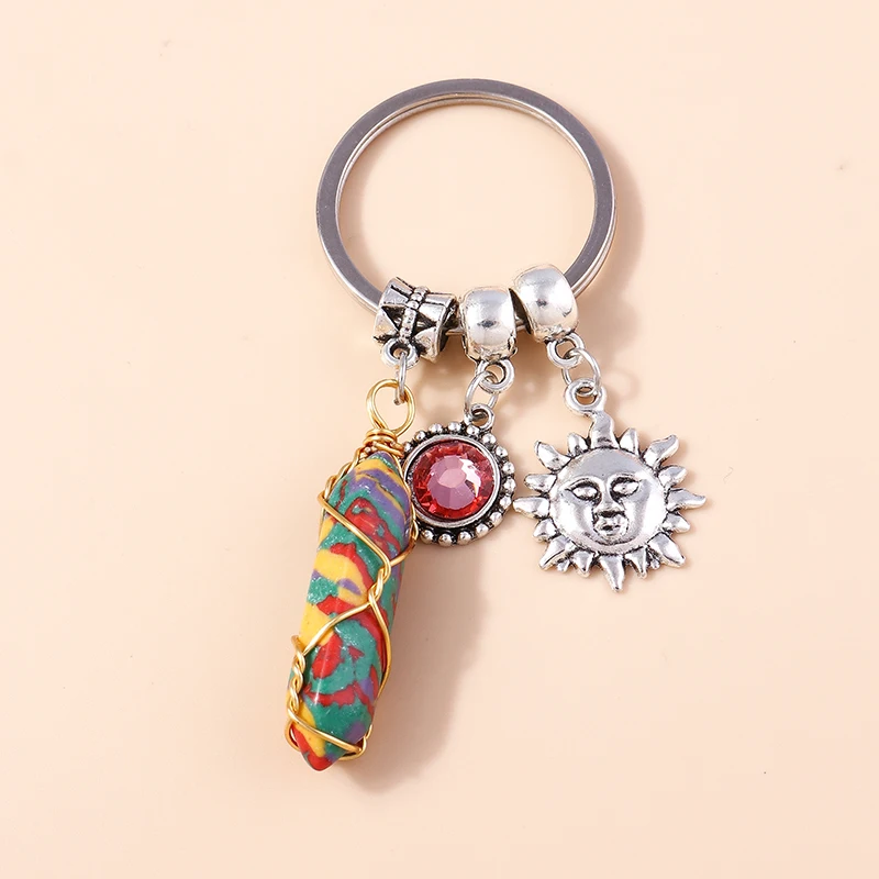 Ethnic Natural Hexagonal Colum Gemstone Sun Keychain Quartz Keyring Pendants for Car Key Handbag Decor Charm Jewelry Accessories