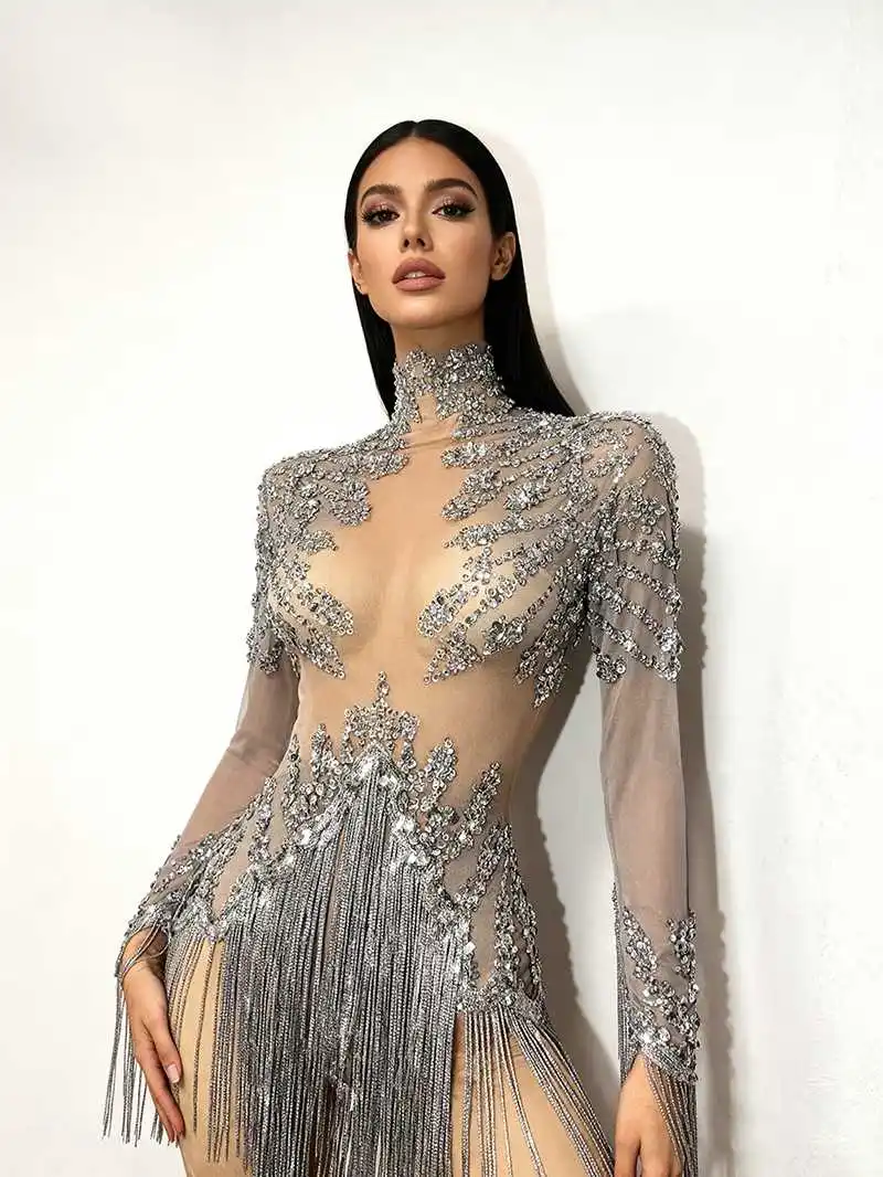 

Glitter Women Tassle Outfit Long Sleeve Rhinestone Sequined Dress Night Clubwear Birthday Party Show Girl Outwear