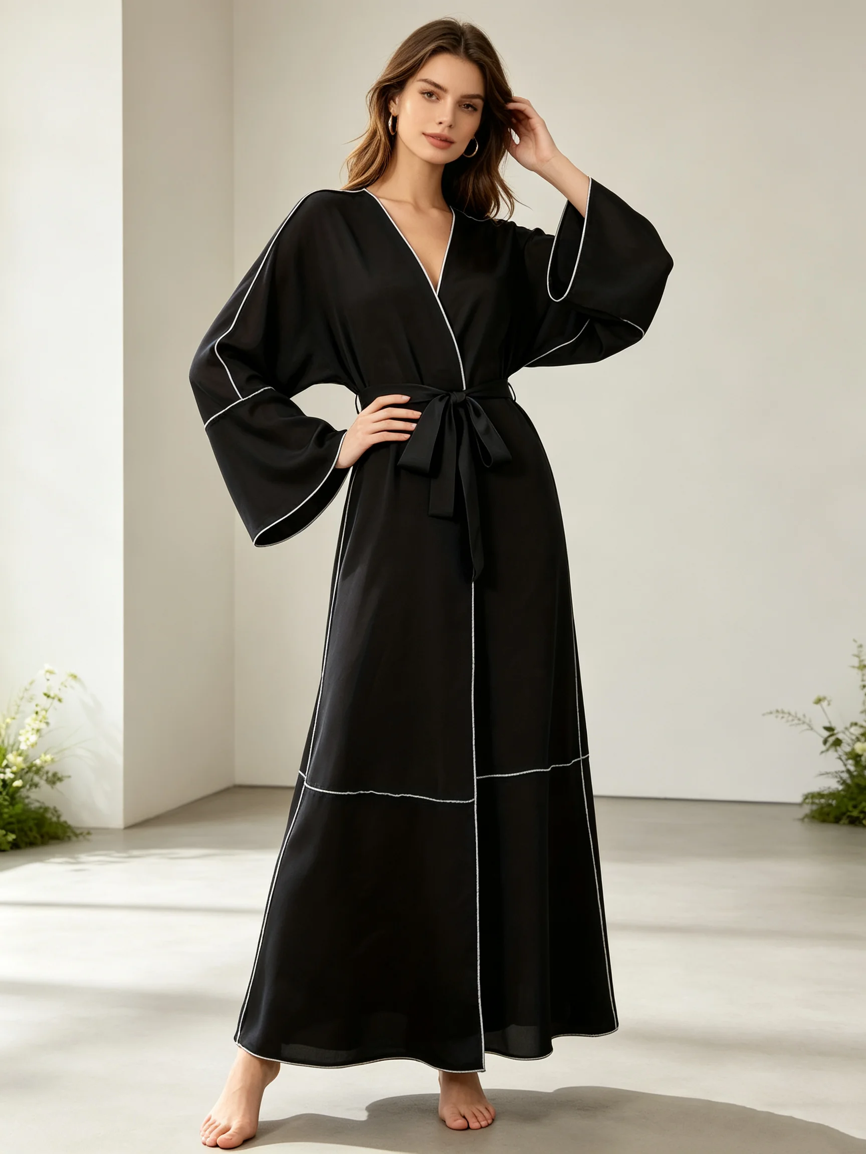 Women's Casual Elegant Ramadan Dress Contrasting Color V-Neck Lace-Up Trumpet Sleeves Long Skirt