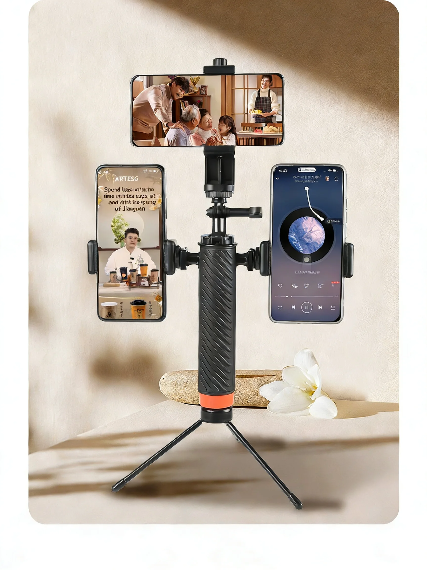 

3-in-1 Multi-Phone Live Streaming Stand for TikTok YouTube - Handheld Tripod with 3 Adjustable Holders Portable for Vlog, E-co