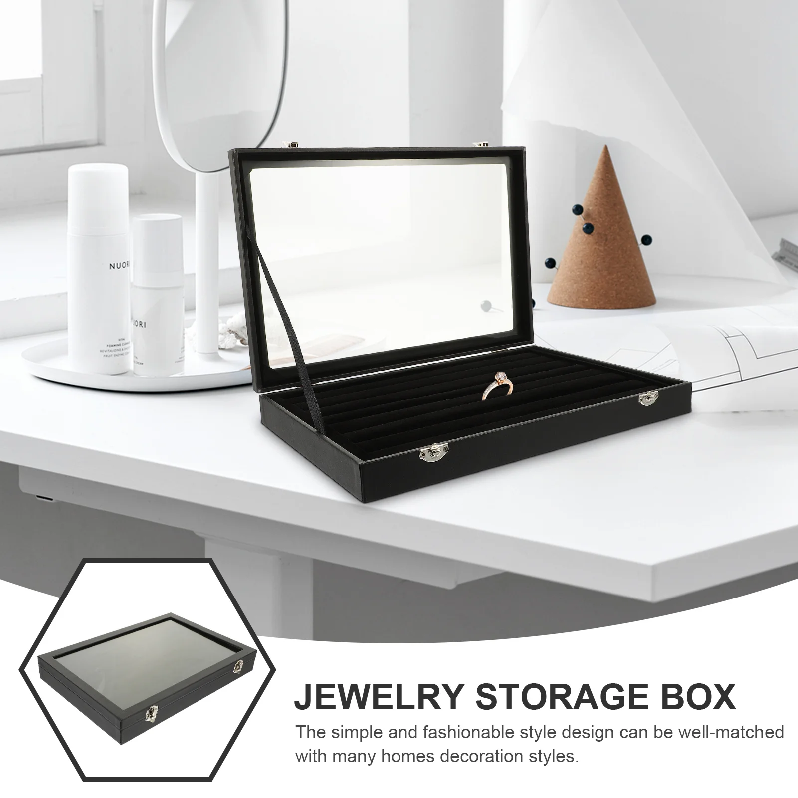 

Большой ящик для хранения, органайзер, стеклянная крышка, портативный футляр для ювелирных изделий, женский декоративный дисплей, настольная коробка, идея подарка на день рождения