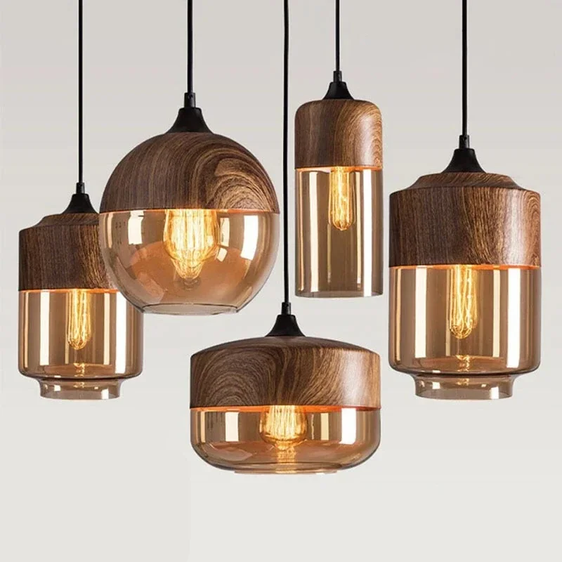 

Modern LED Pendant Lights Fixtures Nordic Glass Wood Chandelier for Living Dinning Room Light Bedroom Wood Color Hanging Lamp