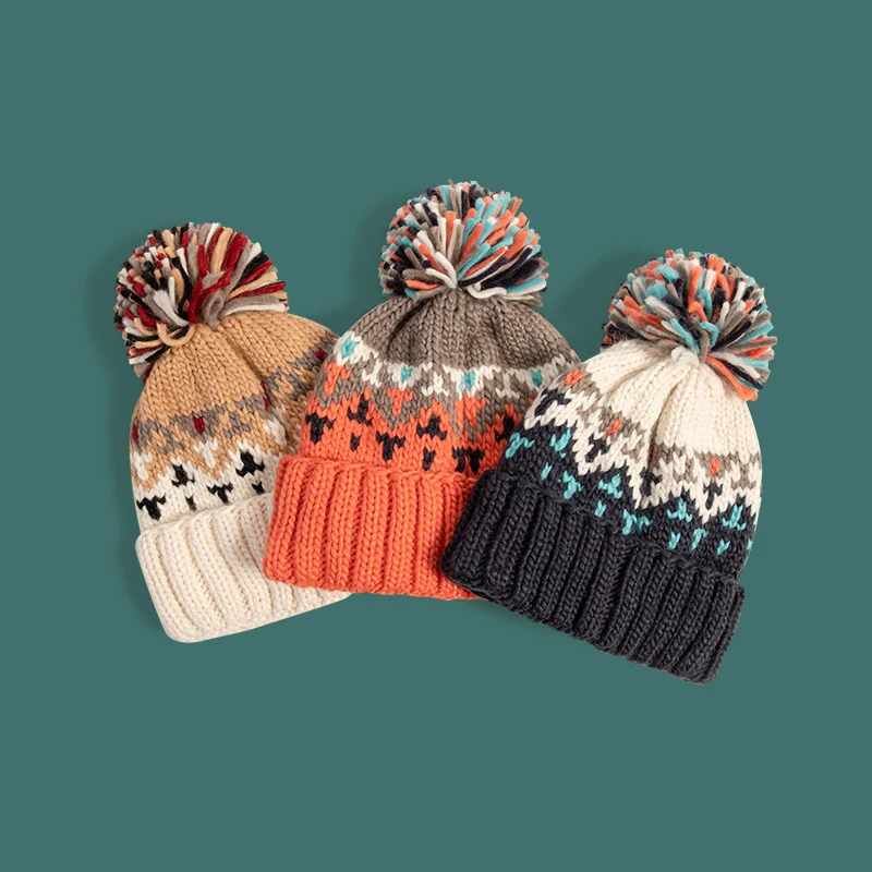 

Soft Cozy Retro Style Cold Weather Cap Warm Fair Isle Snowflake Wave Stripe Hat Winter Knit Pom Pom Skiing Christmas Xmas Beanie