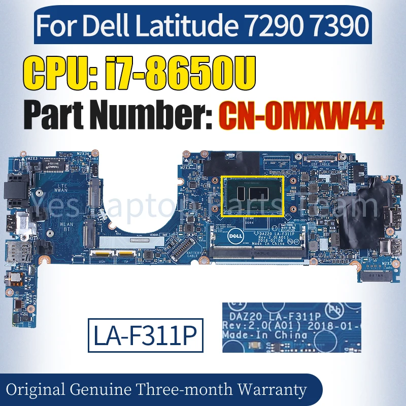 LA-F311P For Dell Latitude 7290 7390 Laptop Mainboard CN-0MXW44 0MXW44 SR3L8 i7-8650U Notebook Motherboard 100％ Tested