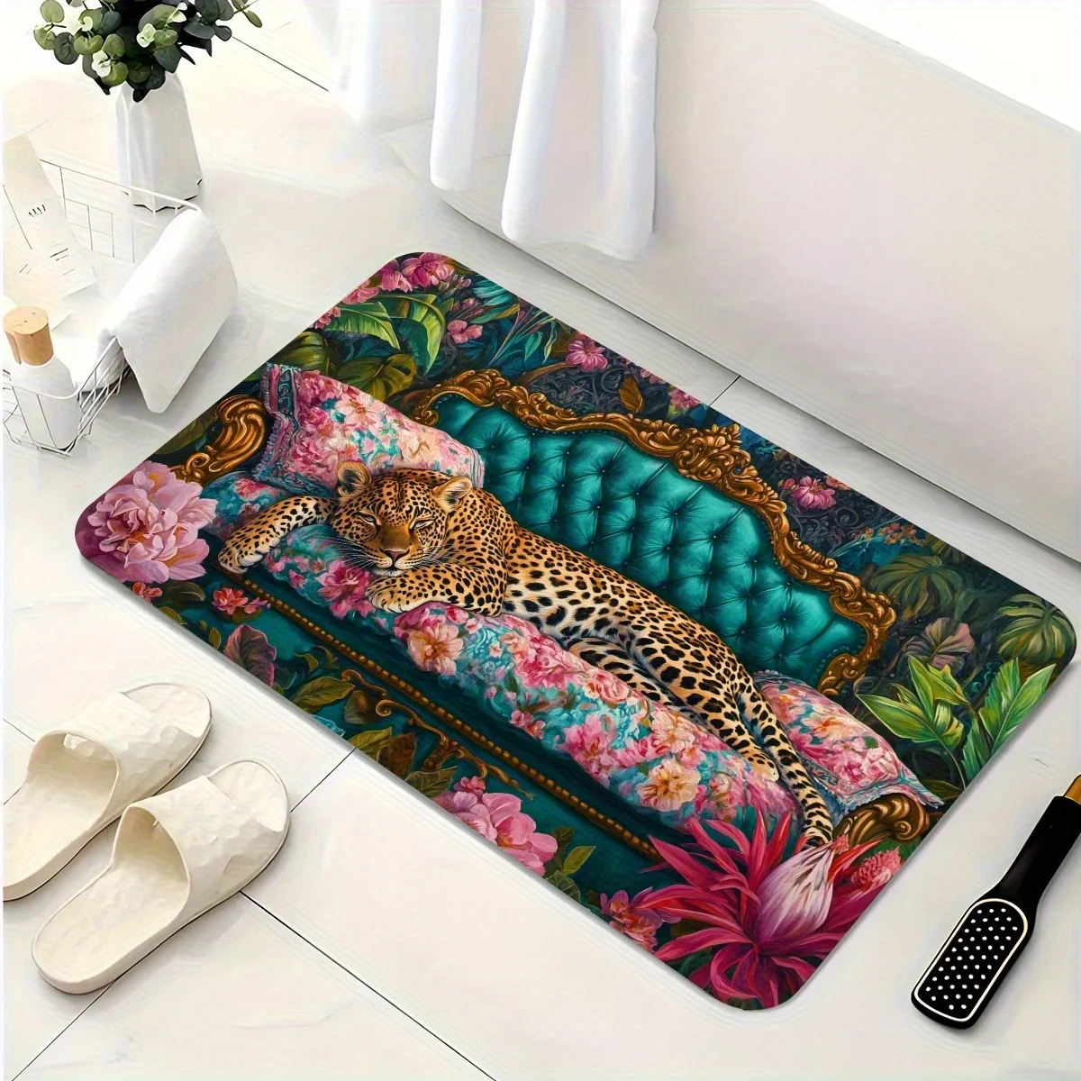 Baroque Golden Frame Wild Leopard Flower Bathroom Doormat, Anti-Slip Water Absorbing Decorative Entryway Carpet