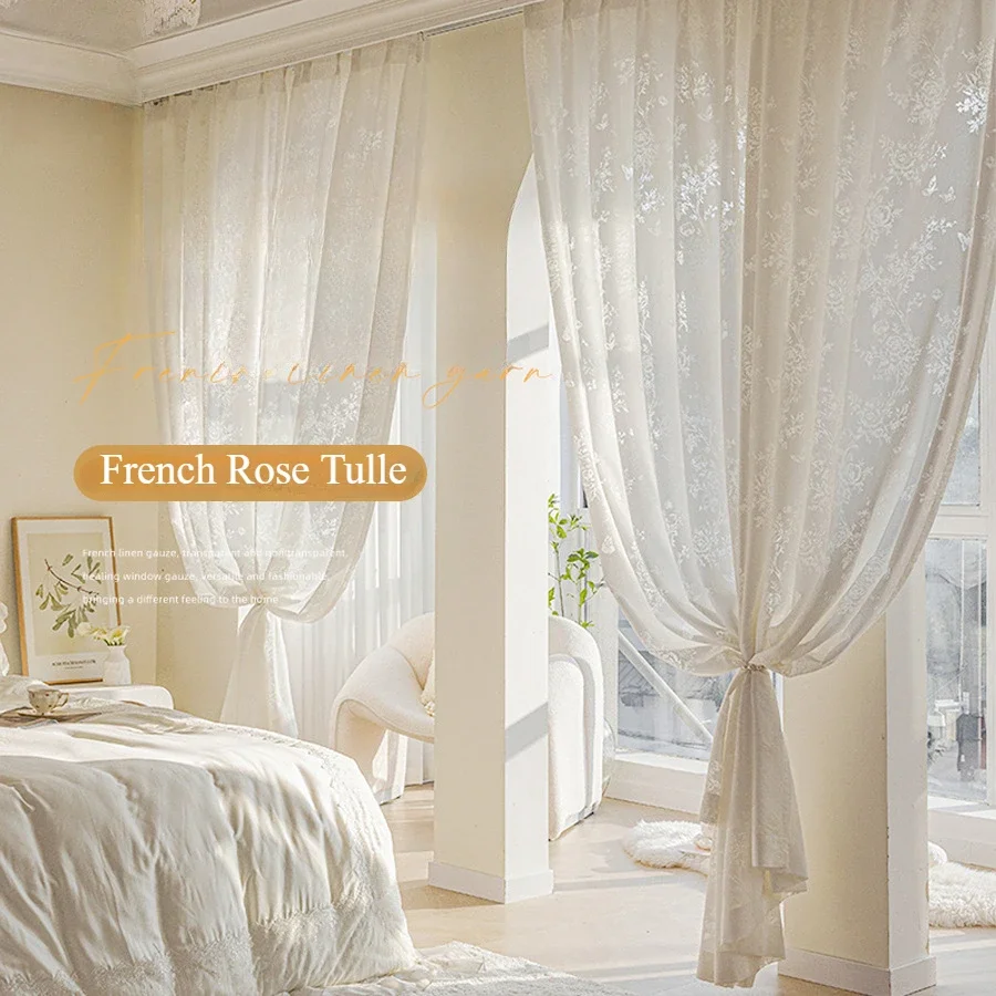 

French hollow light and shadow butterfly yarn translucent opaque gauze curtain finished bedroom living room