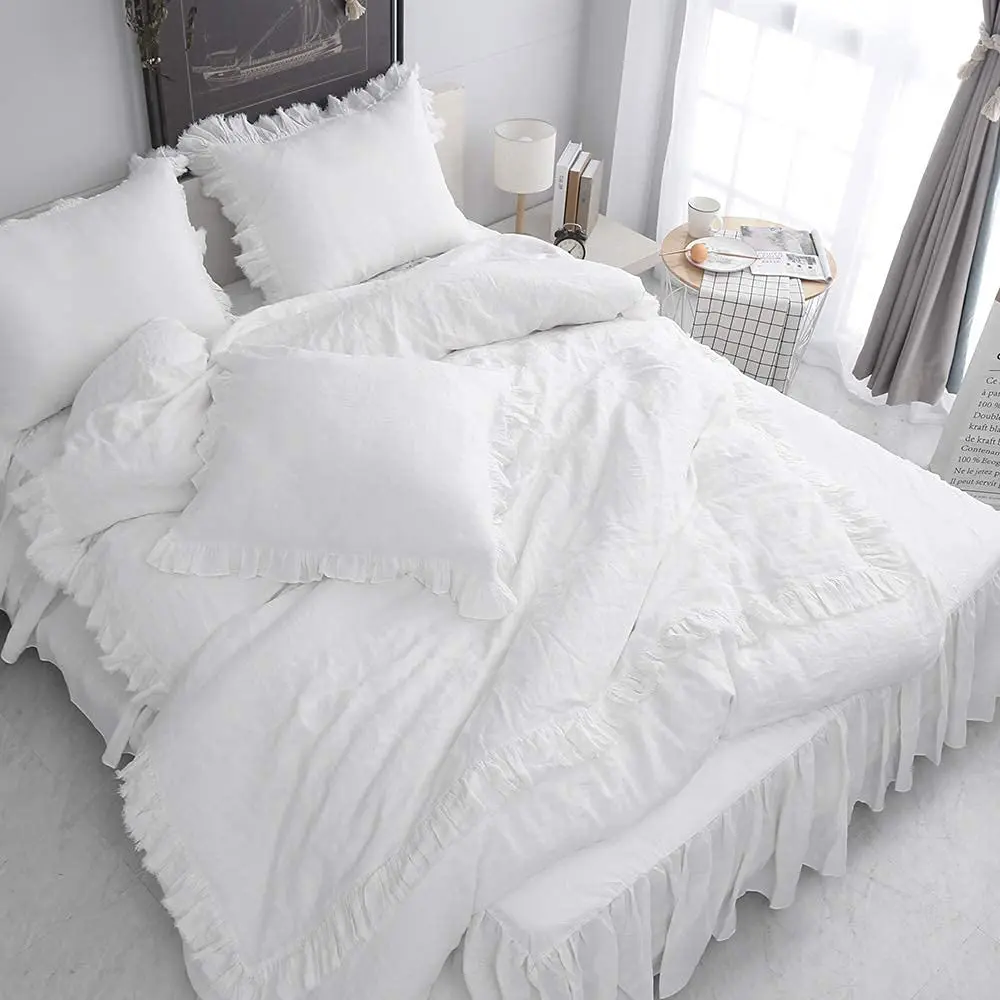 Simple&Opulence 3Pcs 100% Linen Bedding Set Chic Floral Frills Decorative Ruffles Breathable King Size Duvet Cover Bed Sheets