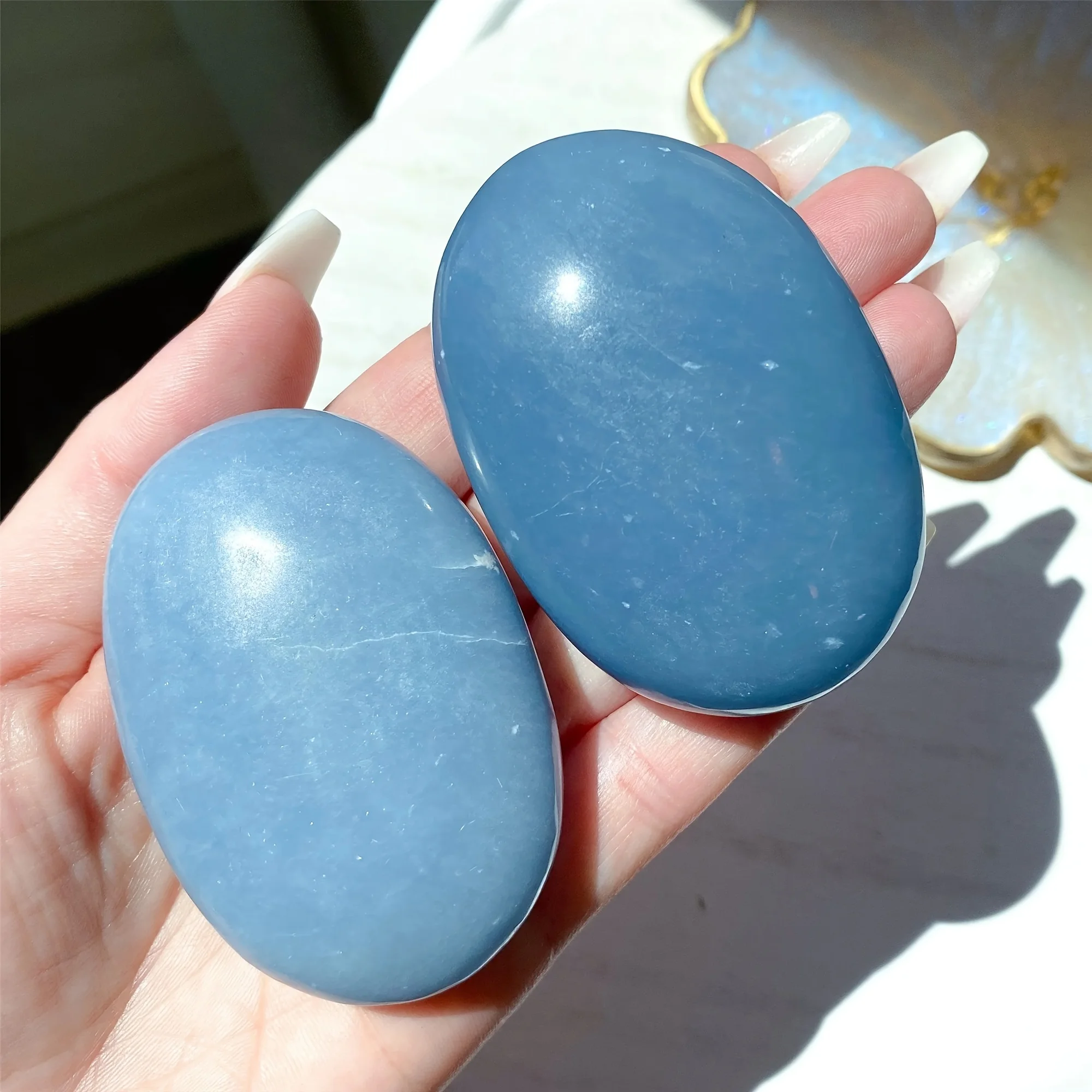 1pc Natural Angelite Palm Stone - a Distinctive High-Quality Rough Blue Angelite - Home Decoration Collection