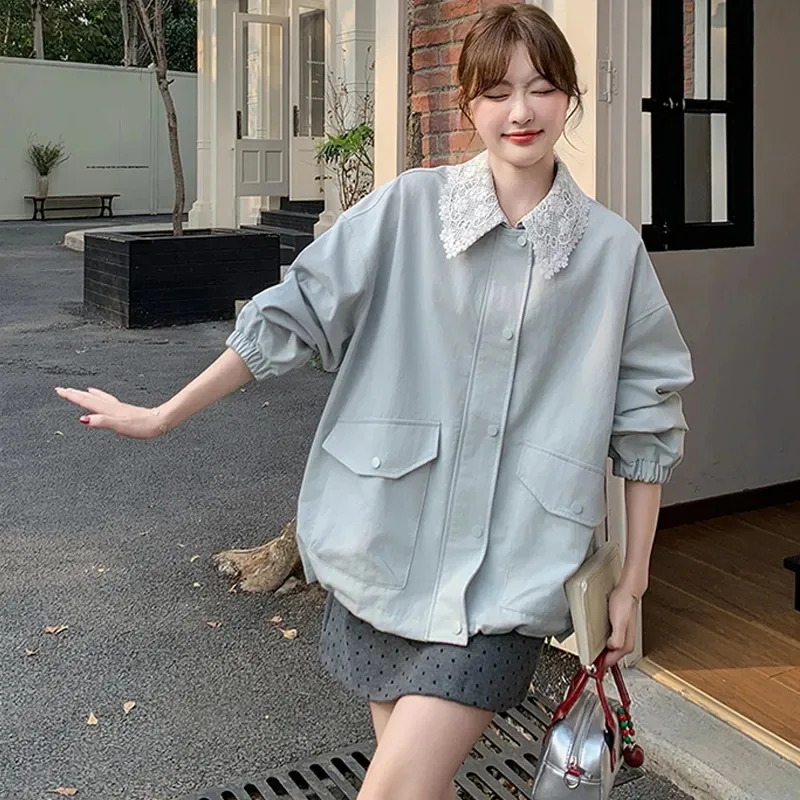 

Women's Button Pocket Long Sleeve Lace Lapel Coat Loose Casual Versatile Jacket Top