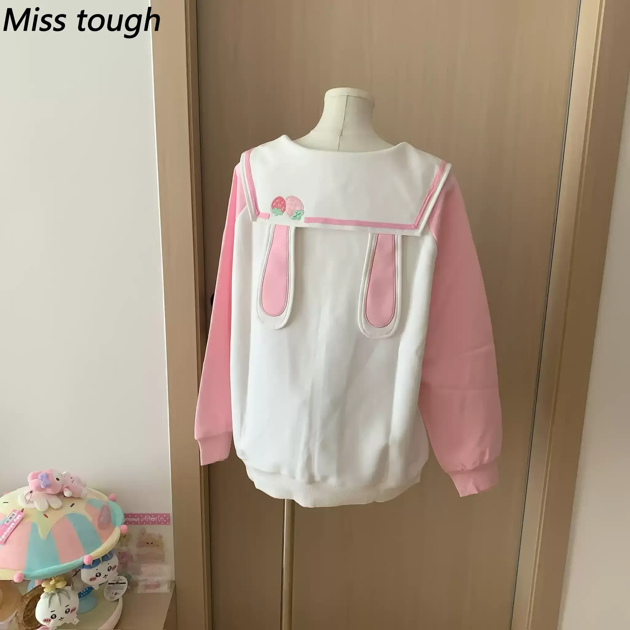 Sweet Lolita Kawaii Women Coat Rabbit Ear Strawberry Embroidery Sailor Collar Zip Up Daily Y2k Korean Fashion Sweatershirts 2026
