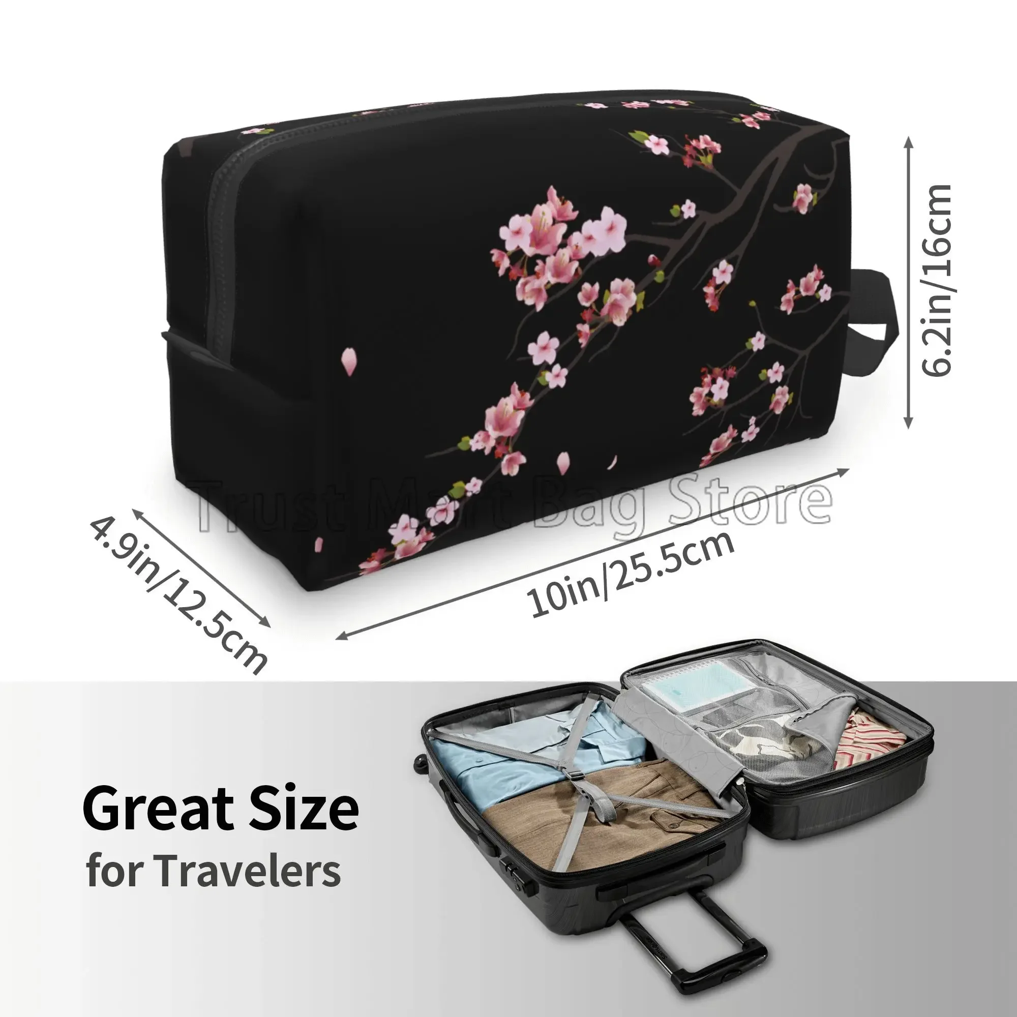 Japanese Sakura Cherry Blossoms Print Cosmetic Bags for Women Zipper Travel Toiletry Pouch Large Water Resistant Makeup Bag Gift