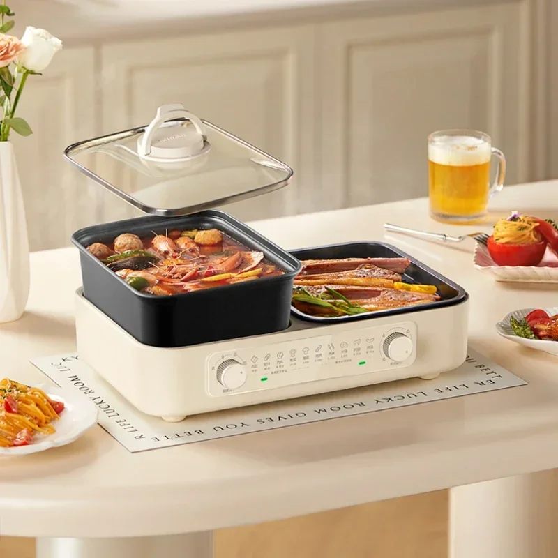 Olla caliente eléctrica multifuncional para el hogar, bandeja para hornear eléctrica, horno eléctrico integrado para asar Shabu, olla caliente para interiores, barbacoa