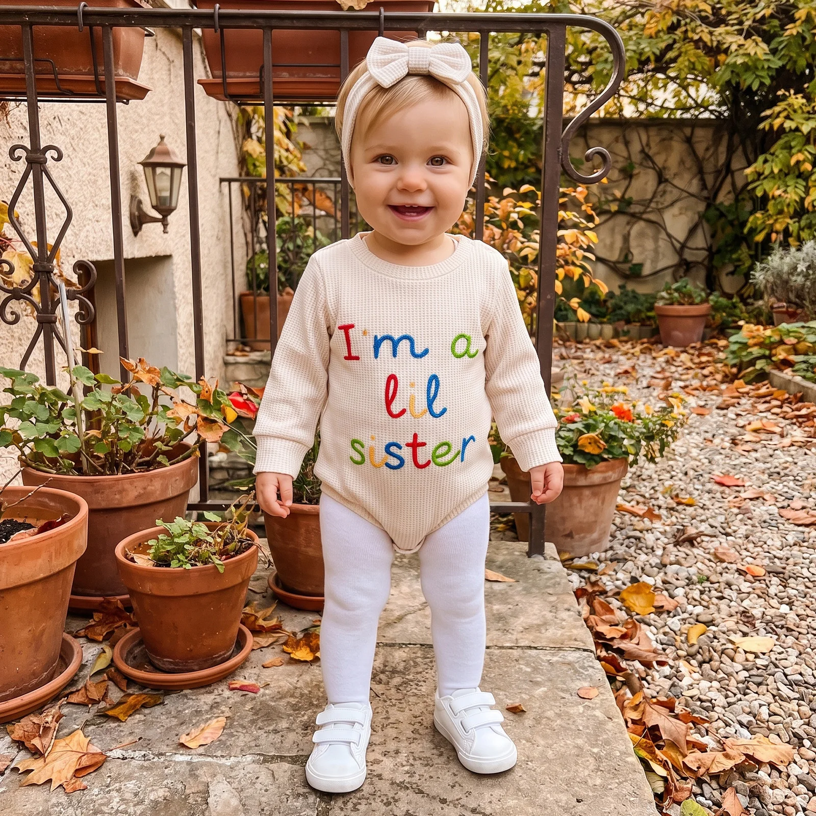 Baby Girl Fall Outfit Letter Embroidered Long Sleeve Romper &Bow Headband