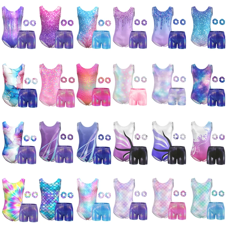 Leotardos de gimnasia para niñas, Biketard atlético brillante, trajes de caída, Ropa de baile para niños con pantalones cortos a juego, diadema