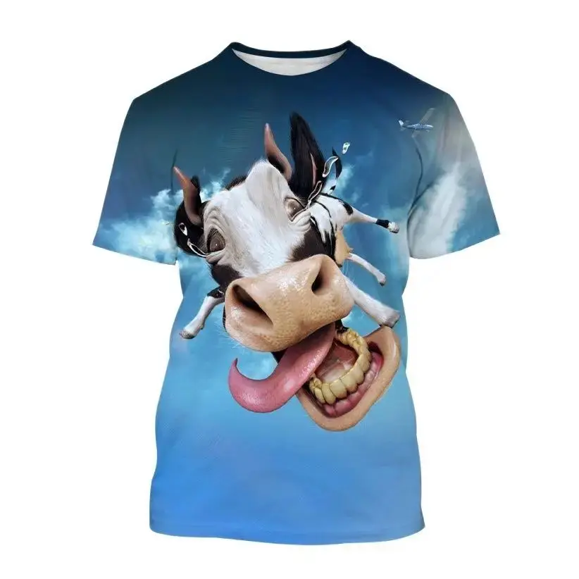 Summer Men\'s Trend Funny Cow Pattern 3d Printed O Collar Short Sleeve Loose Funny Funny Street Plus Size Loose Breathable Top