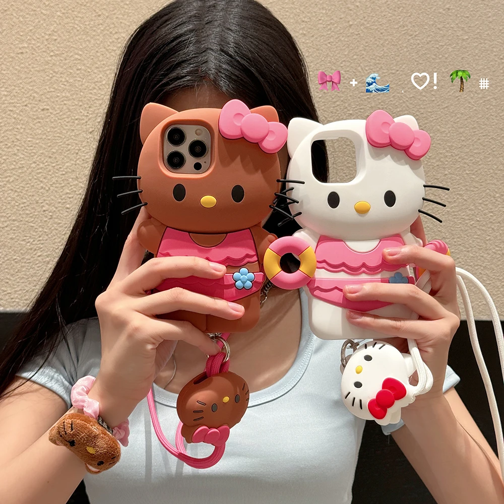 Cartoon Sexy Swim Hello Kitty Stereoscopic Phone Case for IPhone 15 14 13 12 11 Pro Max Anti-fall Soft Silicone Back Cover Gift