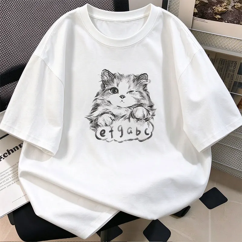 Retro Pencil Art Cat Letter Print T‑Shirt Summer Street Style Unisex Casual Tops
