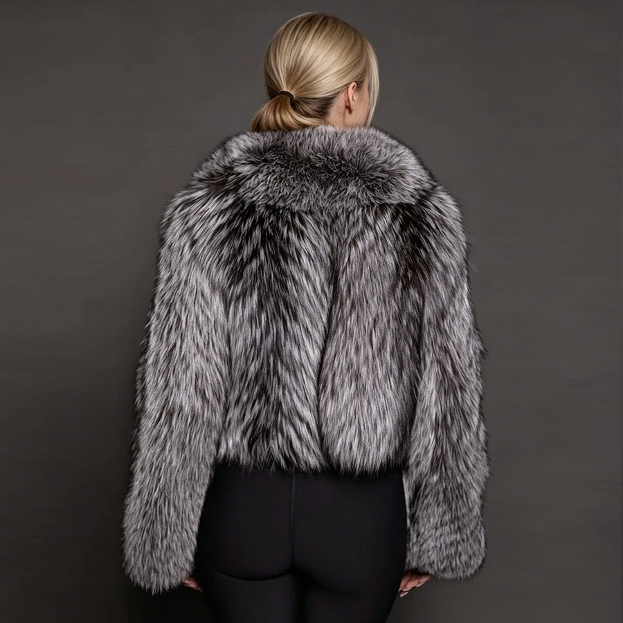 Real Fox Fur Jacket With Collar Short Natural Silver Fox Fur Jacket Women's Cropped Fur Coat High Quality Genuine Fur Coat