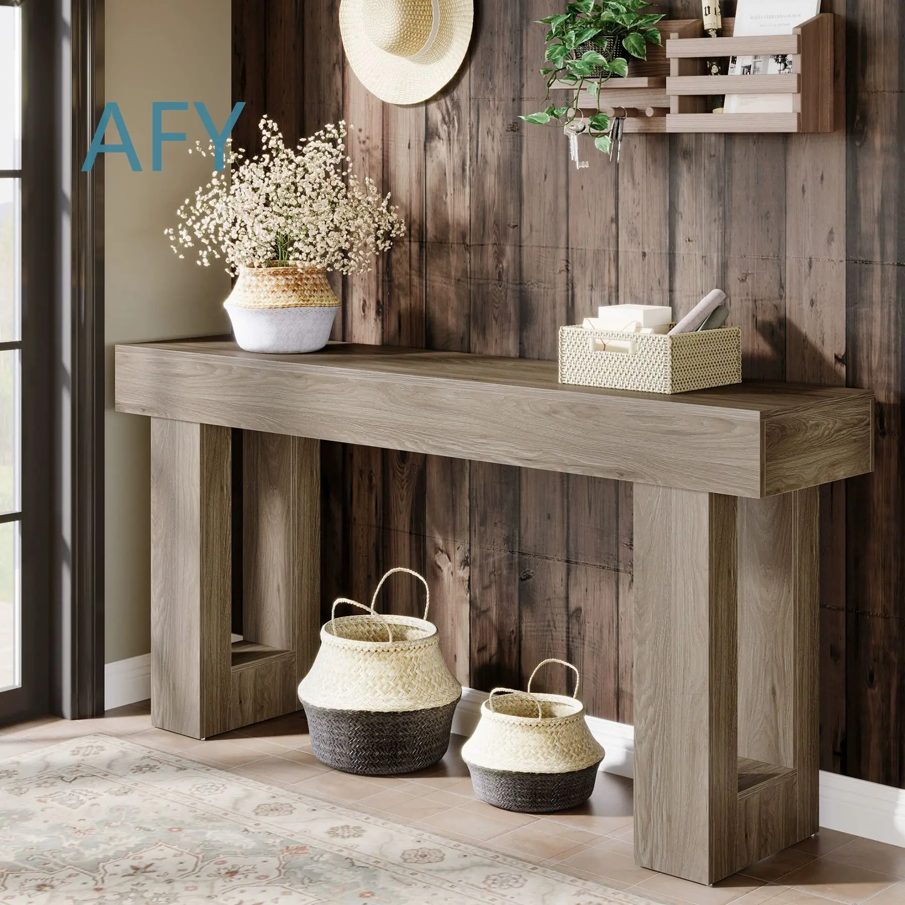 Retro Style Long Entryway Hallway Display Table for Living Room Sofa Side Storage End Table Solid Wood Console Table for
