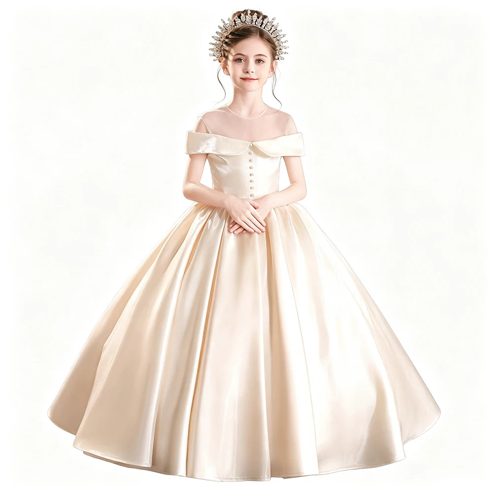 Princess Champagne Off Shoulder Pageant And Birthday Party Ball Gown For Girls Kids Formal Simple Banquet Prom Occasion Dress