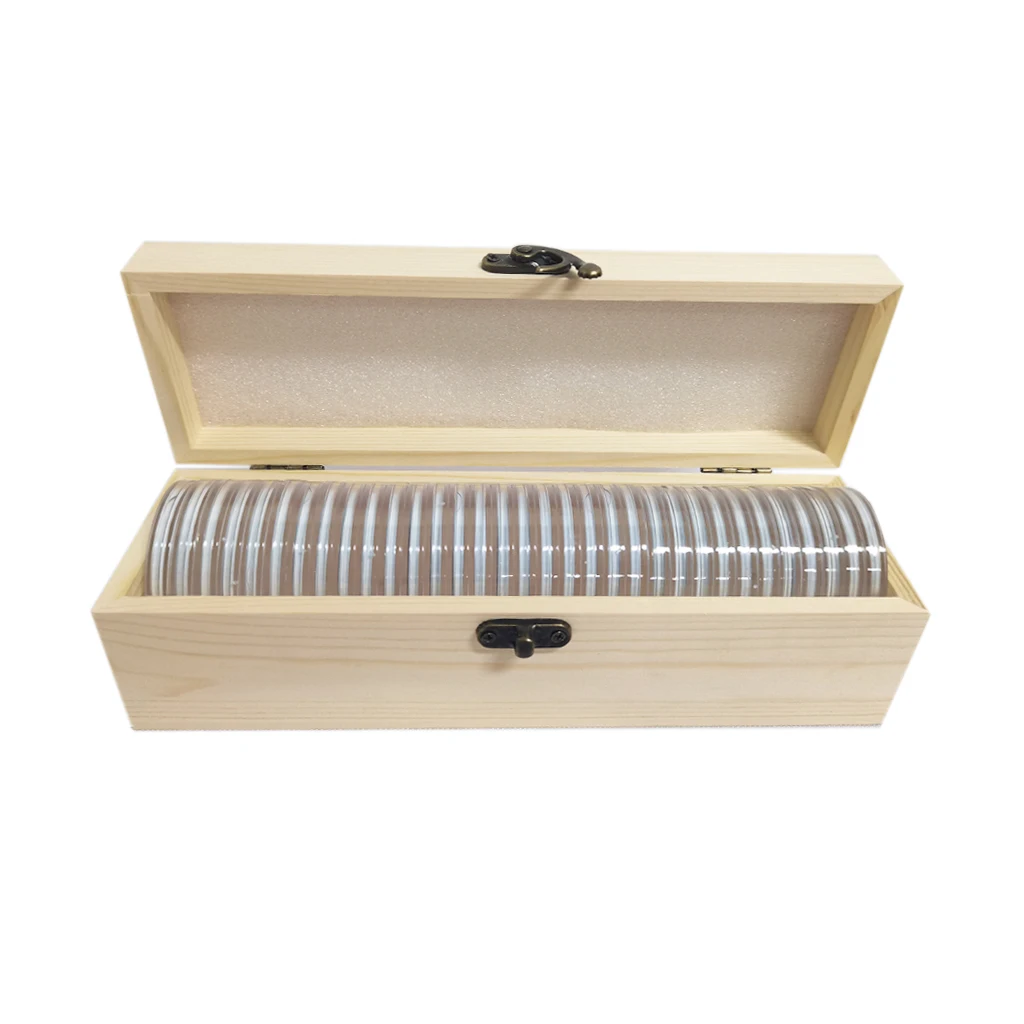 Wooden Coin Collection Box 33Pcs Coin Capsule with Adjustable Foam Gaskets for 19mm/24mm/29mm/34mm/39mm/46mm Coins Organizer