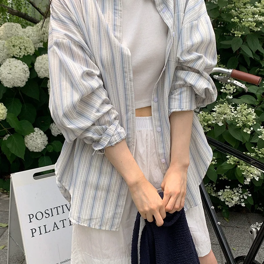 Loose Fit Striped Shirt Korean Style Long Sleeve Open Cardigan Women's Cotton Casual Fashion Layering Top In-Style Autumn Wear