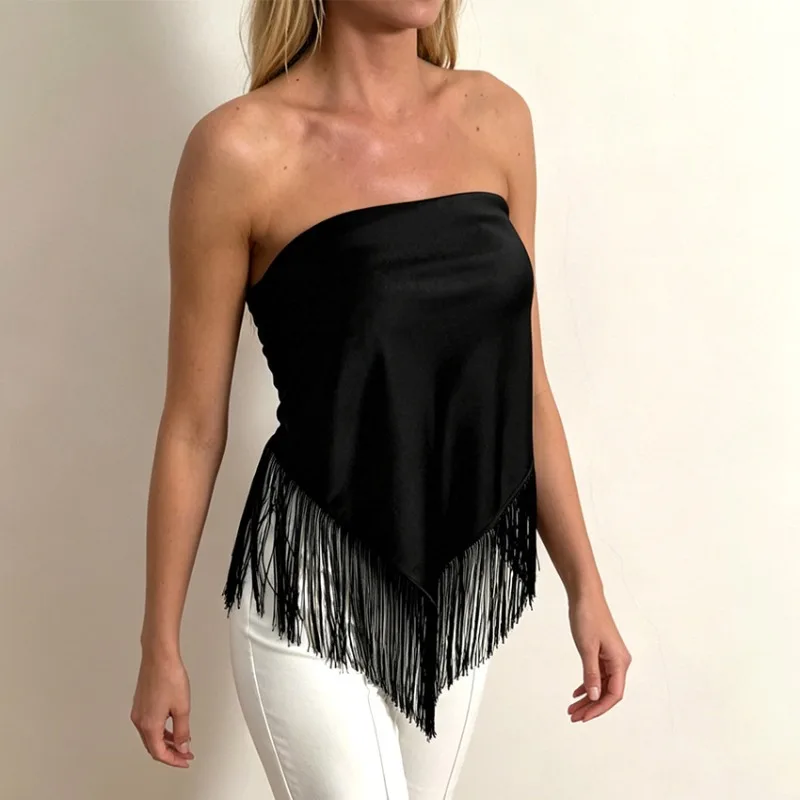 Trendix Black Tassel Tube Tops Women Summer High Street Slim Off Shoulder Tank Top 2026 Vacation Party Club Sexy Backless Tops