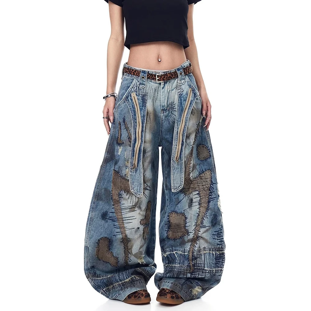 メンズ刺繍ワイドレッグデニムパンツ韓国レトロファッショントレンドストリートヒップホップルーズ通気性ニッチ夏メンズボトムス
