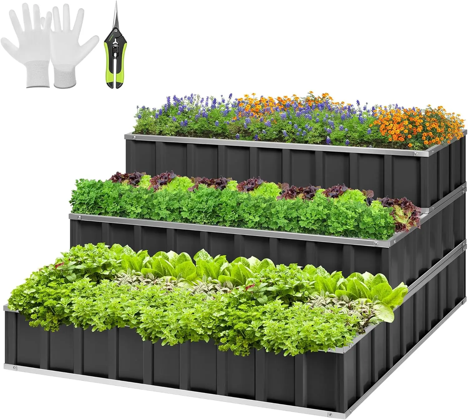 3-Tier Metal Raised Garden Bed, 46" x 46" x 24" Galvanized Steel Metal Outdoor Planter Box with Gloves and Scissors to Grow Flowers, Vegetables and Herbs for Outdoor Gardening, Dark Gray