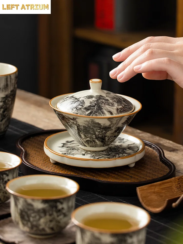 130ML Ru Kiln Landscape Porcelain Gaiwan Set For Tea Tureen Teaware Cup Chinese Yellow Ceramic Opening Tea Bowls Tea Ceremony