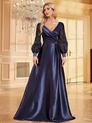 XUIBOL Plus Size Luxury Gold Sequin V-Neck Evening Dress Women Long Sleeve Satin Wedding Party Prom Floor Lenght Cocktail Dress
