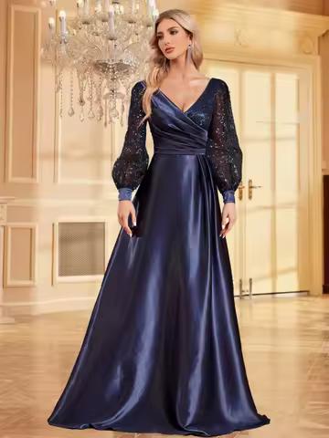 XUIBOL Plus Size Luxury Gold Sequin V-Neck Evening Dress Women Long Sleeve Satin Wedding Party Prom Floor Lenght Cocktail Dress