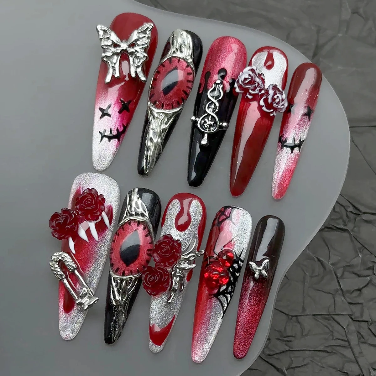 10pcs handmade press on nails Extra-long teardrop-shaped fake nails，halloween，Gothic，Red devil eye butterfly flower fake nails