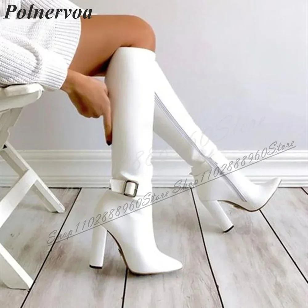 White Knee High Elegant Buckle Strap Boots Chunky High Heel Women Shoes Side Zipper Pointed Toe 2024 Fashion Zapatos Para Mujere