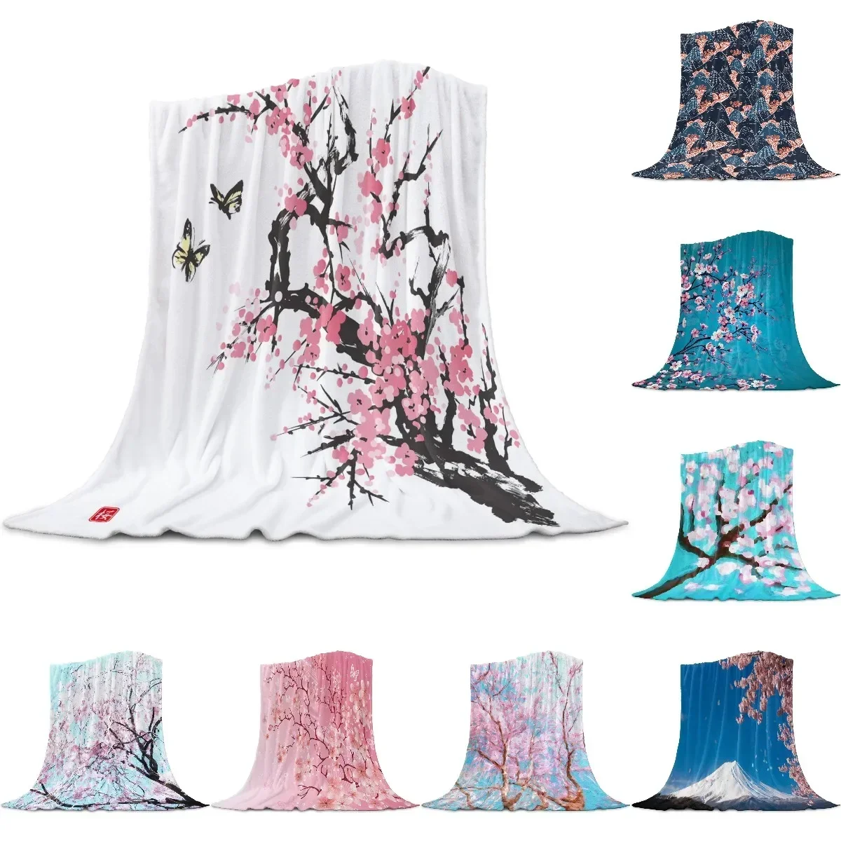 Warm Blanket with Cherry Blossom for Home, Bed Blanket with Flower Design, Pink Butterfly, Tree, Scanso Sofa