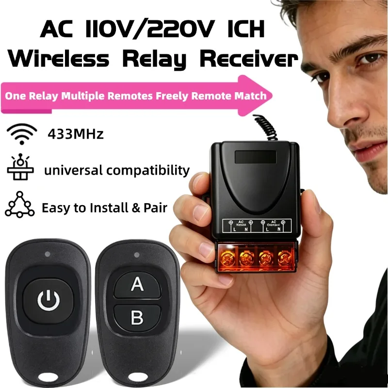 Relay Receiver + AB Transmitter AC 220V 20A 1CH 433Mhz Wireless Remote Control Switch RF For Electric Appliance Lamp