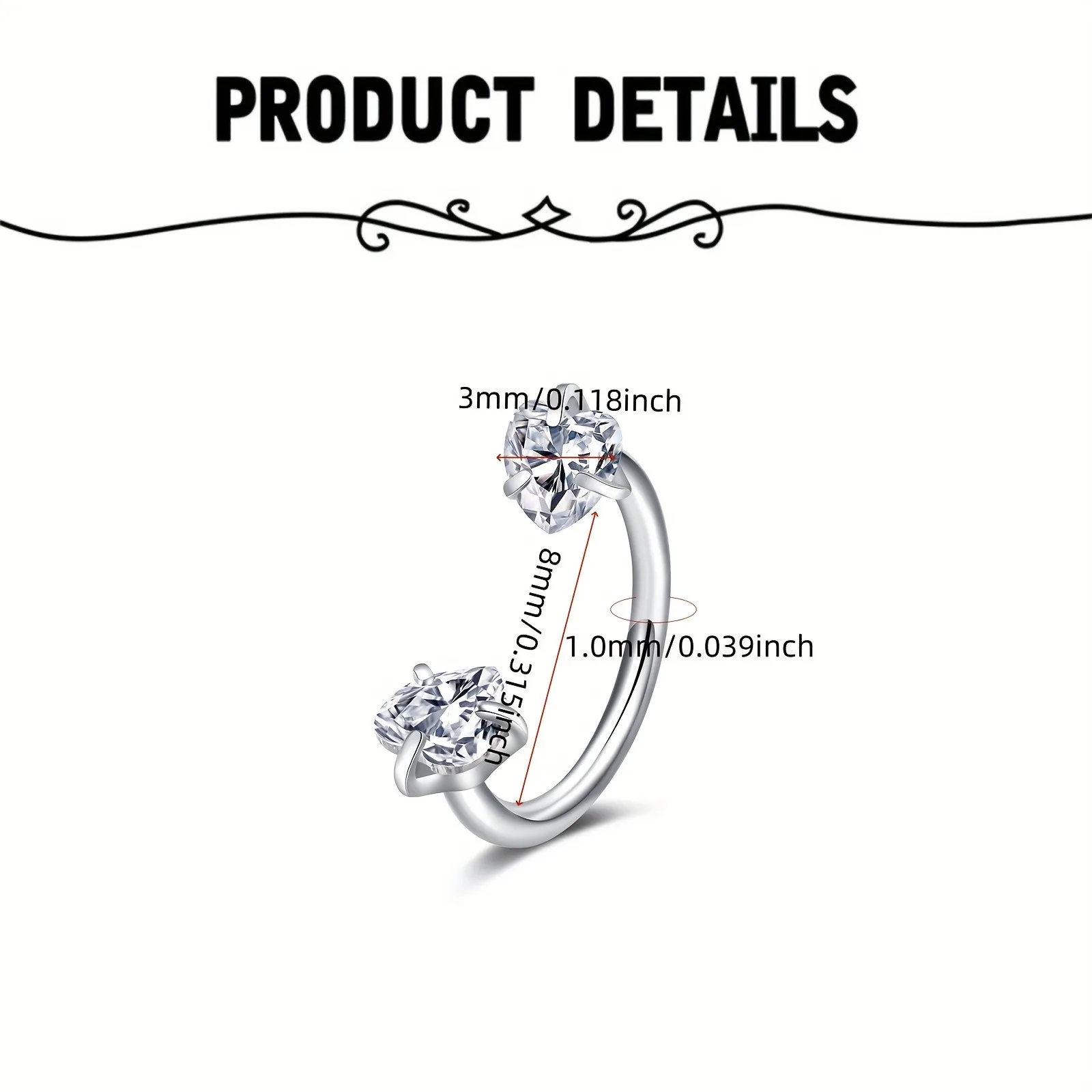 Horseshoe Nose Ring, Heart White Pink CZ, Internal Threaded Horseshoe Septum Ring, Cartilage Tragus Earrings Piercing Jewelry