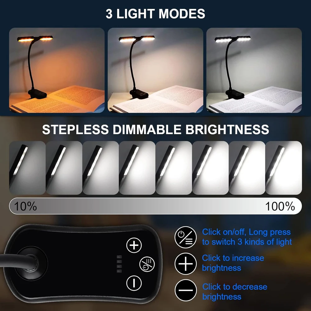 14 LED Clip on Book Light Dual Heads 3 Colors 8 Brightness USB Rechargeable Night Light Portable Reading Light Book Lamp