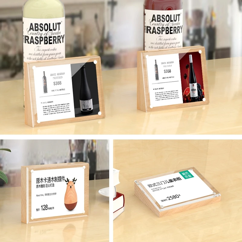 100x70mm Wood Base Magnetic Acrylic Sign Holder Display Stand Baby Picture Photo Frame Restaurant Menu Price Label Card Tags