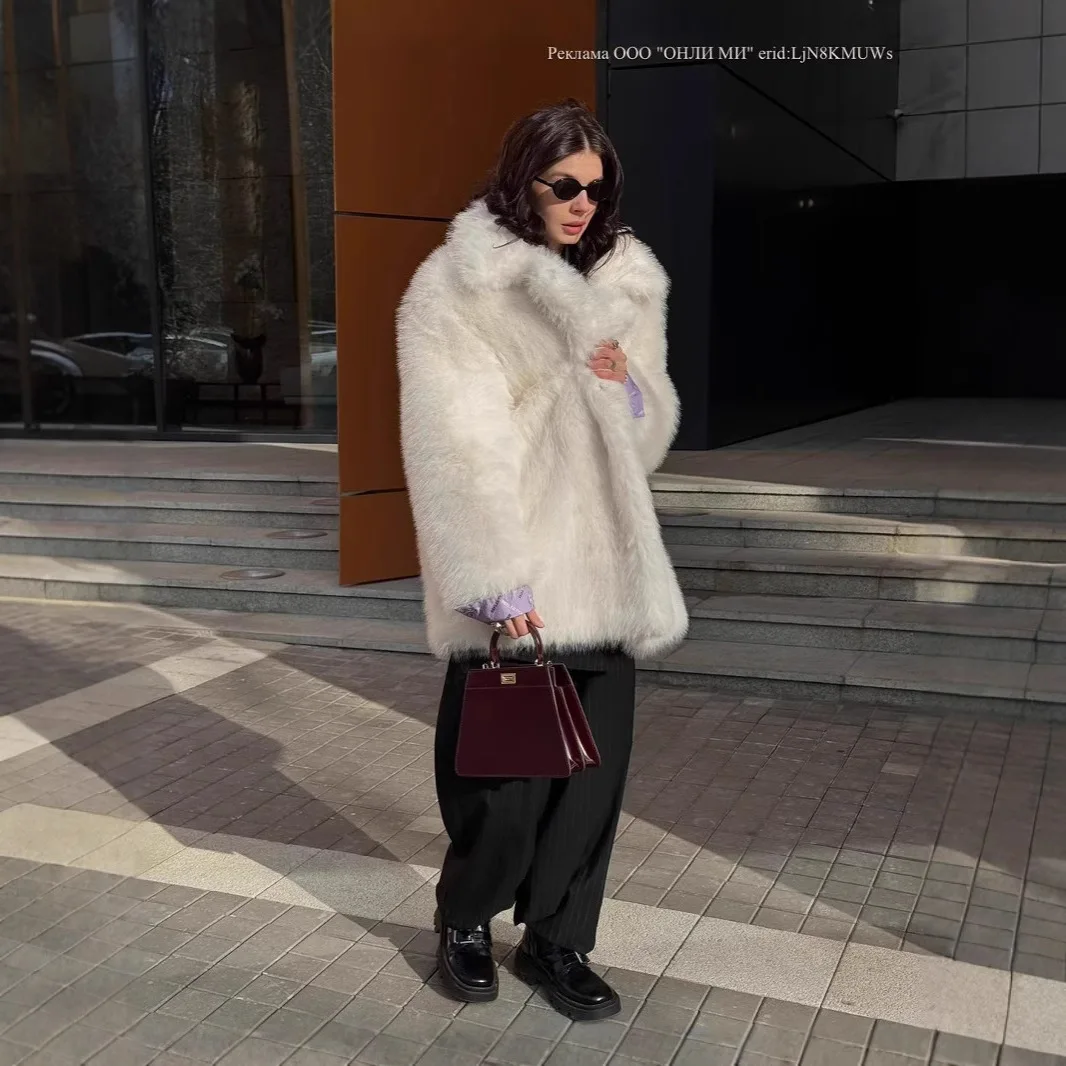 Women's Winter Faux Eco Fur Coat Solid Big Fur Collar Warm Female's Artificial Fur Coat Luxury Mink Eco Fur Outwear For Female