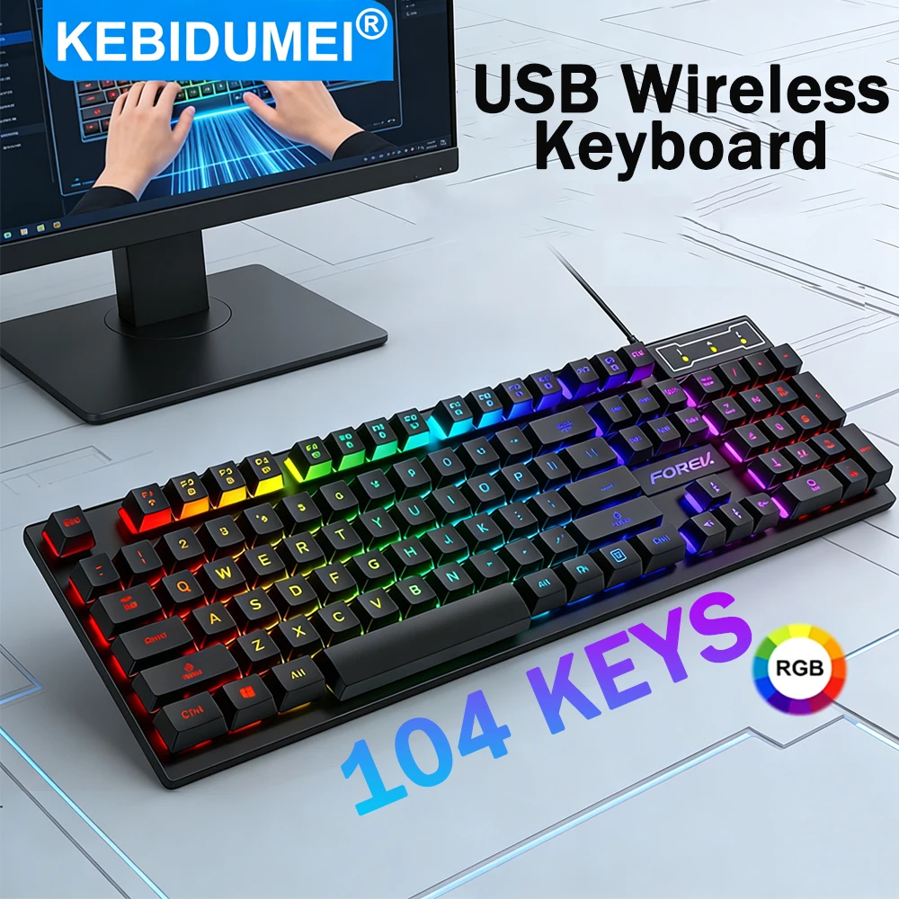 Teclado USB com Fio de 104 Teclas, Teclado Mecânico RGB para Jogos, Teclado Ergonômico para Esports, Acessório de Computador para Laptop e Macbook