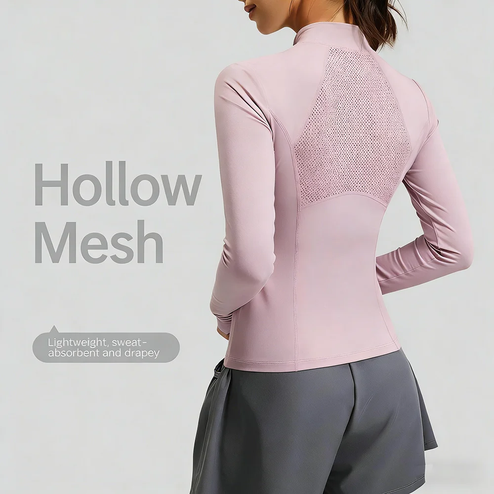 Women's Zip Up Yoga Jacket with Back Mesh, Long Sleeve Quick Dry Workout Top, Breathable Athletic Running Shirt